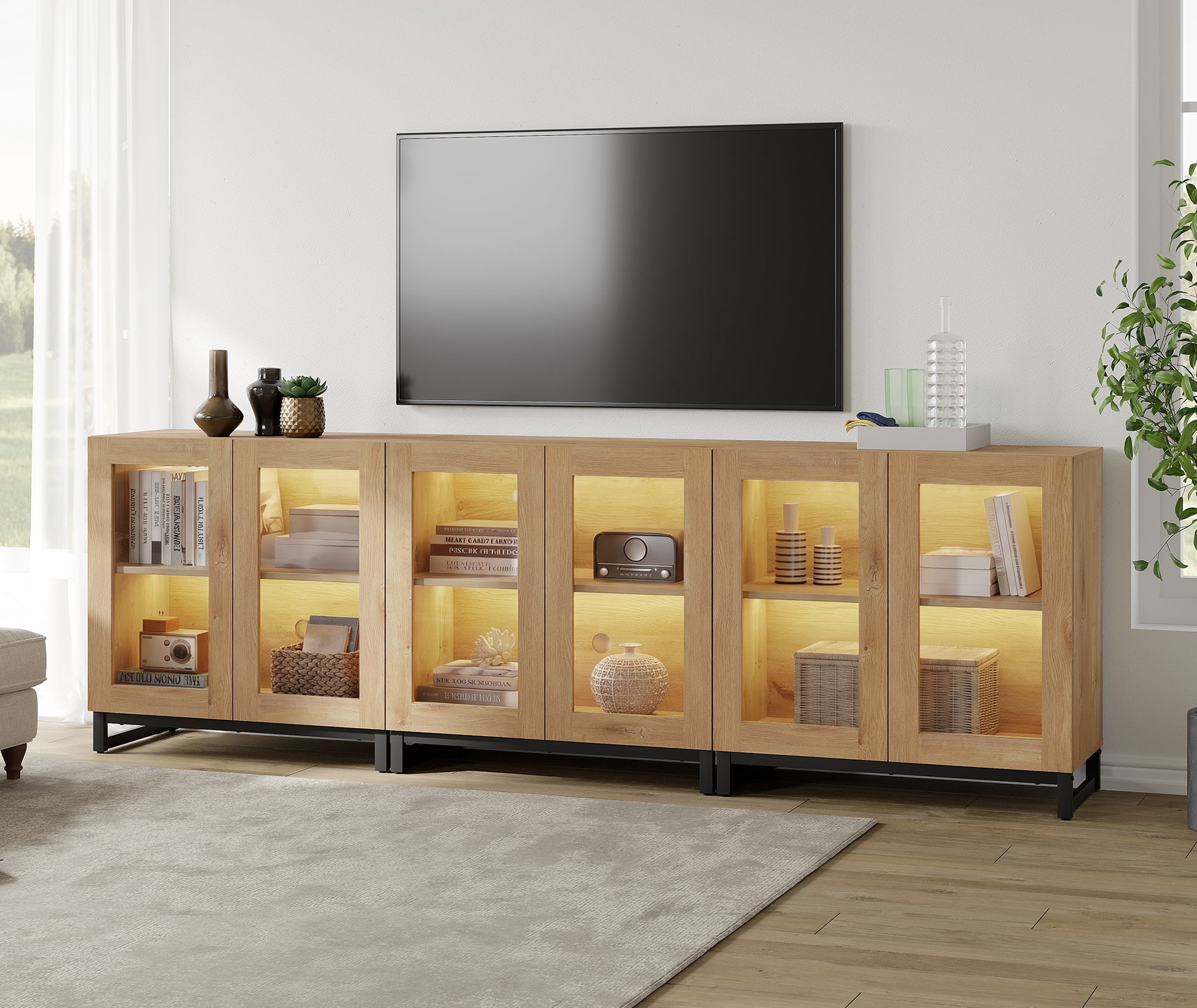 Modern TV Stand with Glass Doors, Entertainment Center TV Console with Adjustable Shelves, Media Storage Furniture up to 70 Inch TVs, Suitable for Living Room,Oak