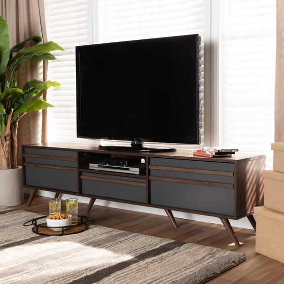 Modern TV Stand " Grey & Walnut Wood Finish " Drop Down Storage