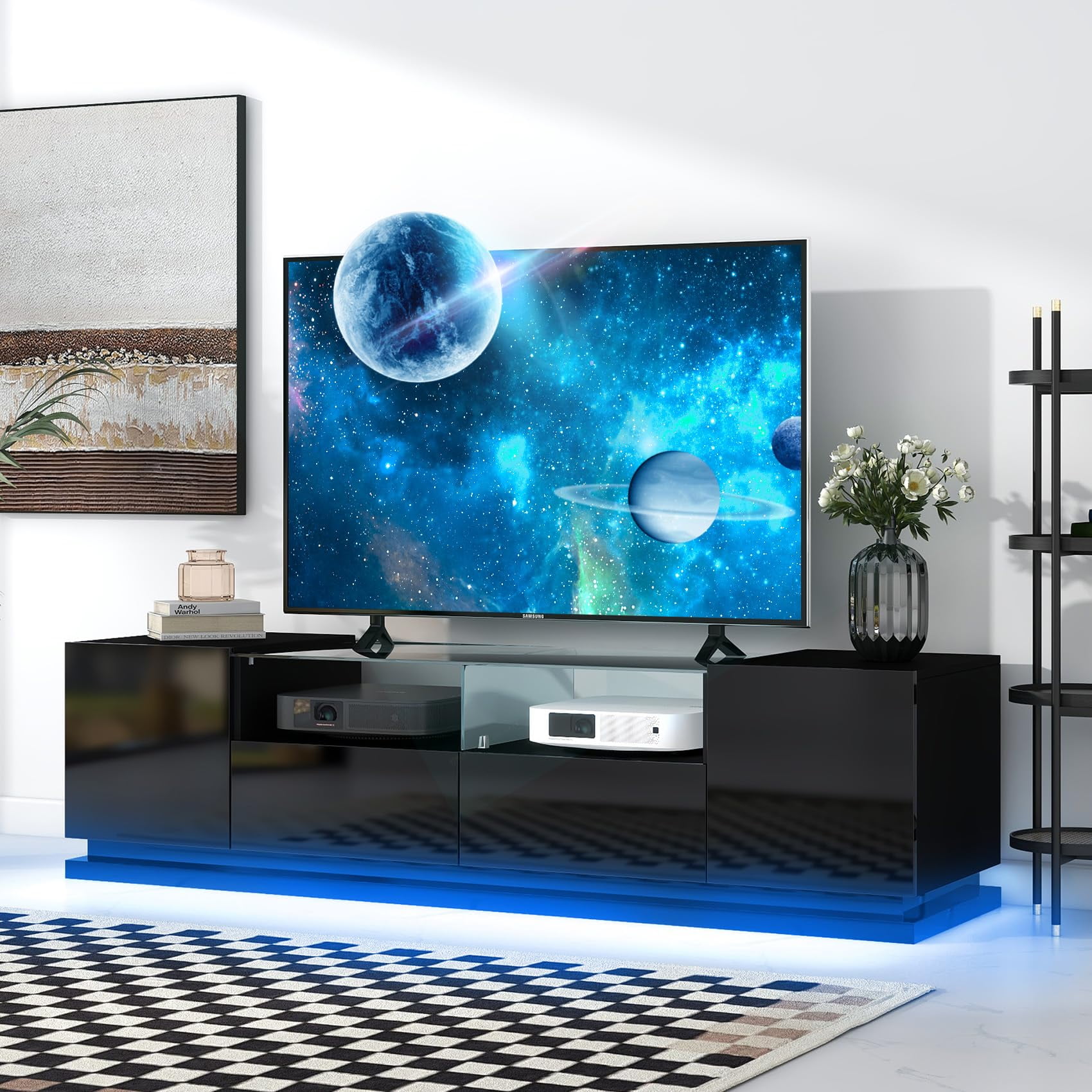 Modern TV Stand with LED Lights, Black LED Entertainment Center for 60