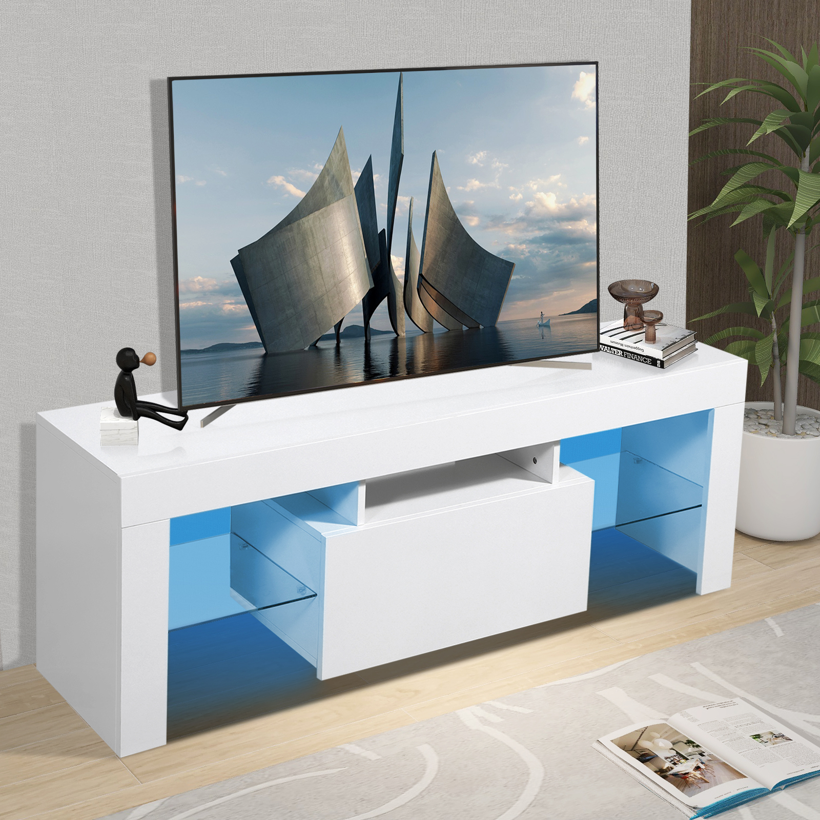 Modern TV Stand with LED Lights, High Gloss Wooden Television Table for