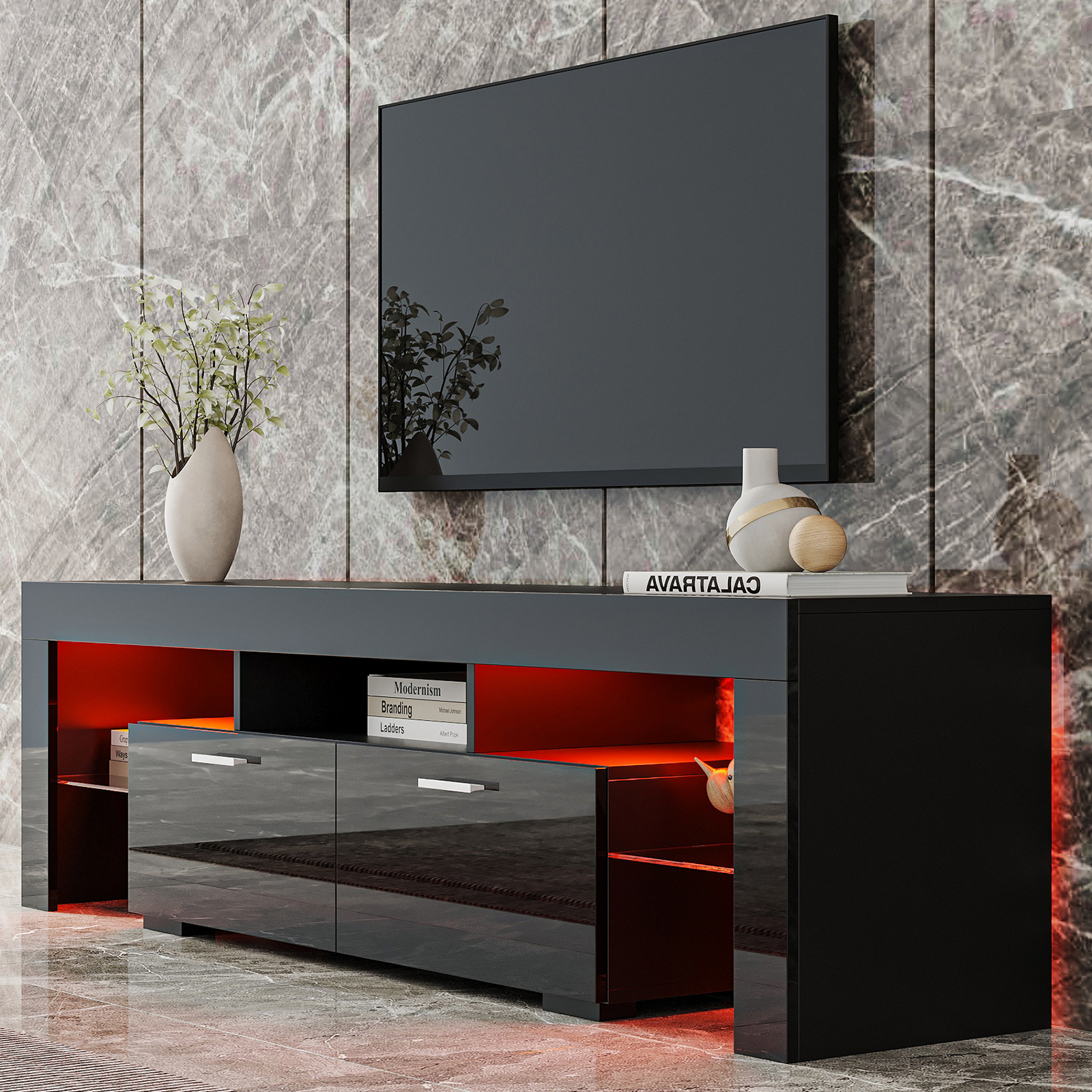Modern TV Stand with LED Lights, High Gloss Wooden Television Table for