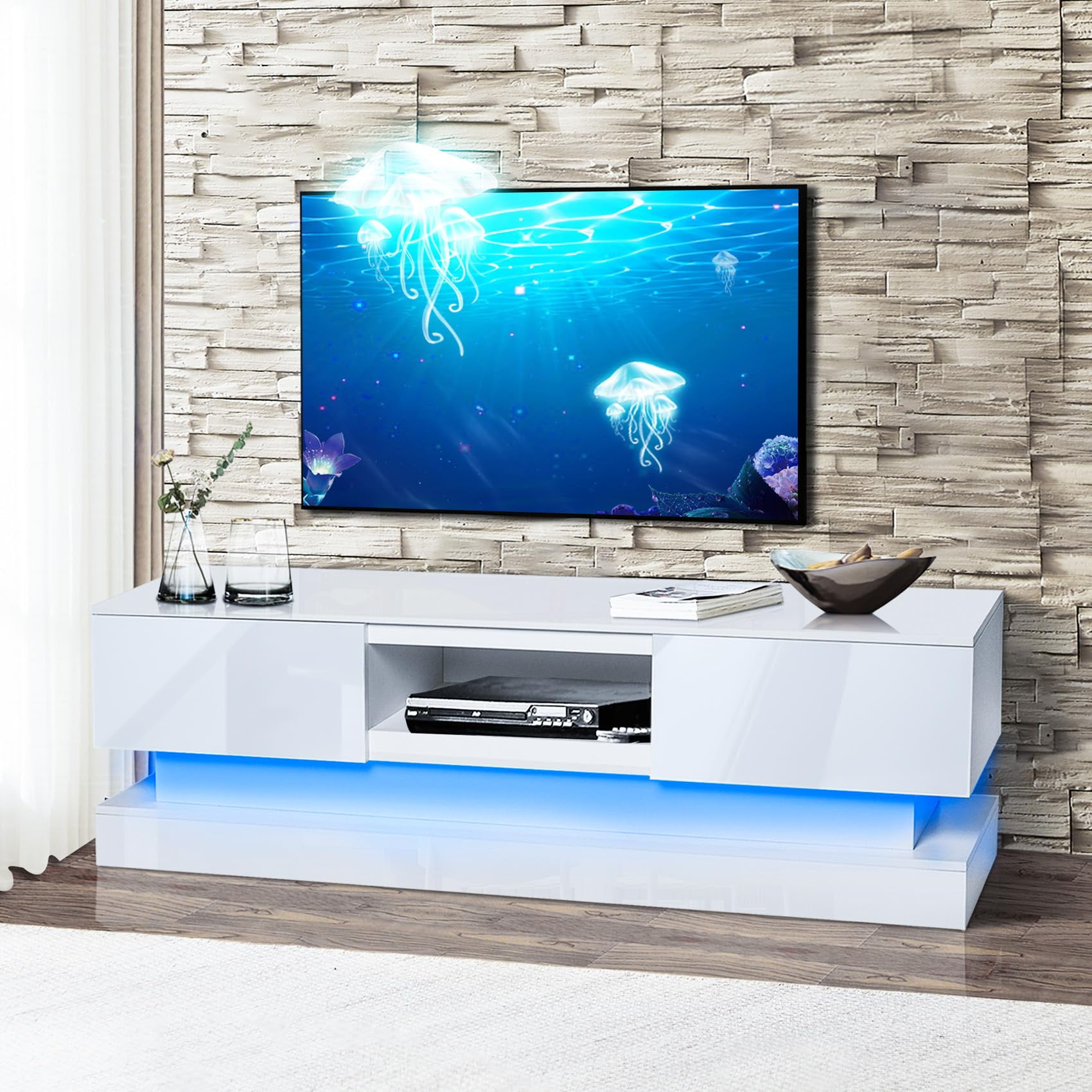 Modern TV Stand with LED Lights White LED Entertainment Center for 42 43 45 48 50 55 Inch TV High Gloss Media TV Console Entertainment Stand with 2