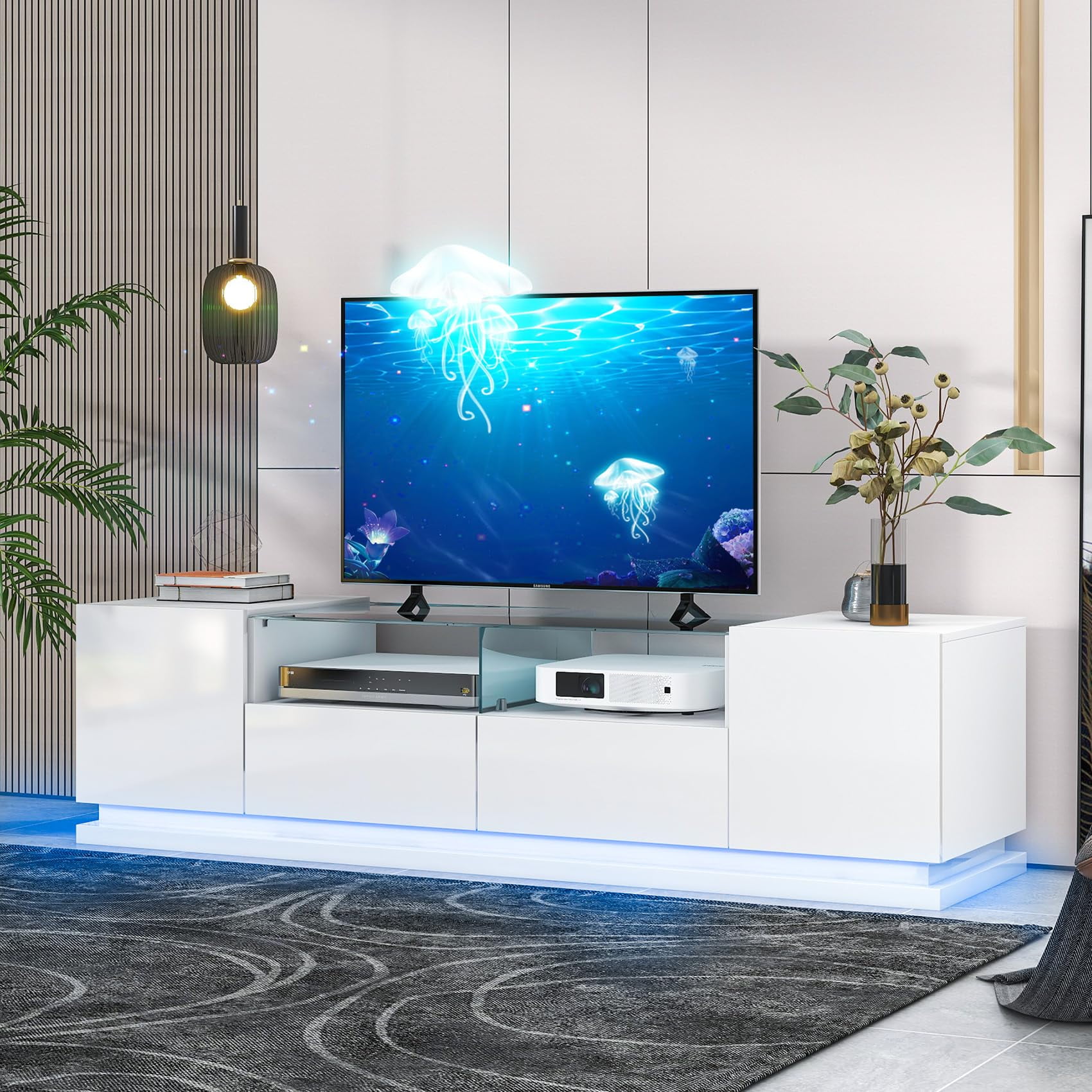 Modern TV Stand with LED Lights, White LED Entertainment Center for 60