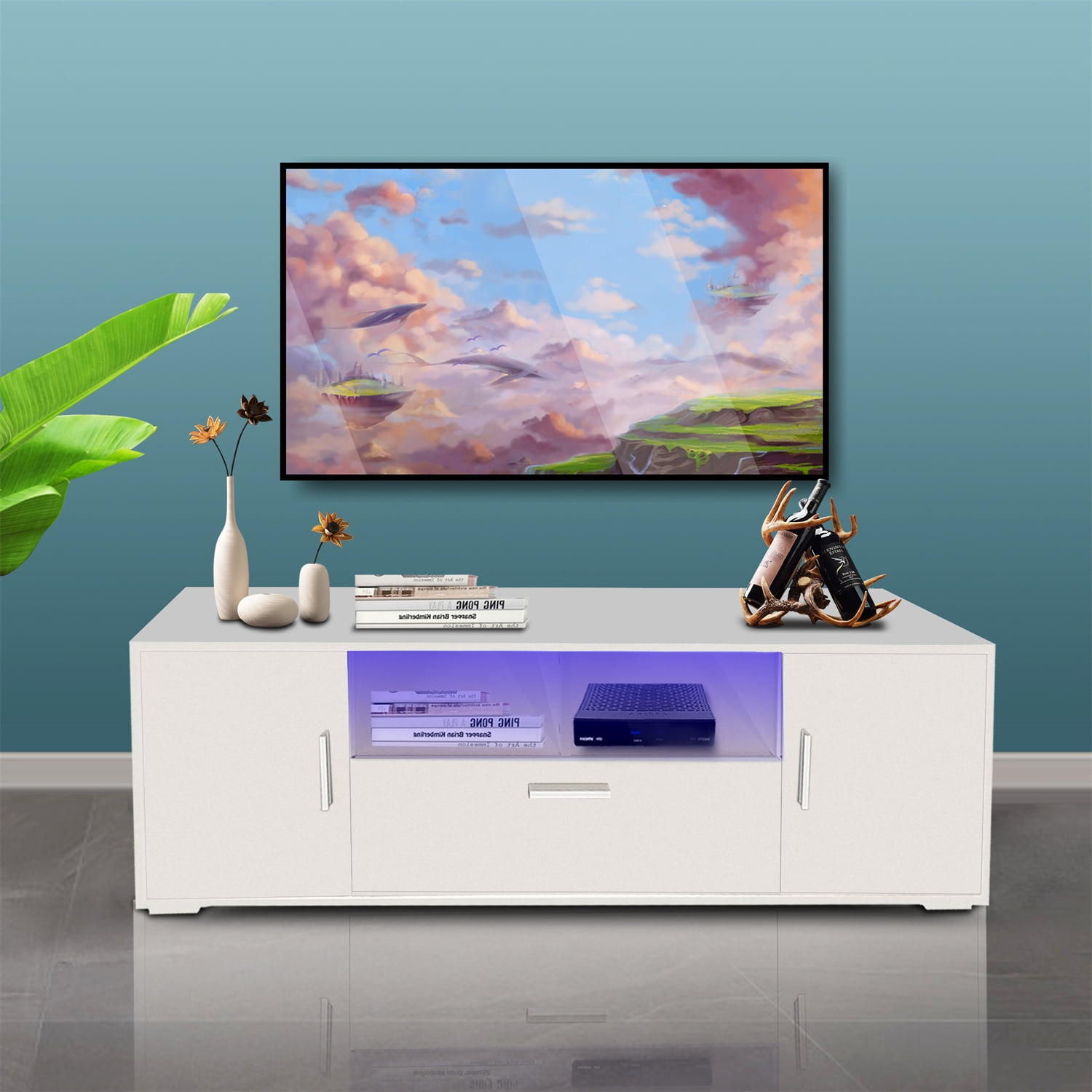 Modern TV Stand with LED RGB Lights and Storage Cabinets, High Gloss Media Storage Console for 65 Inch TV, Flat Screen TV Cabinet, Gaming Consoles, for Living Room Bedroom, White