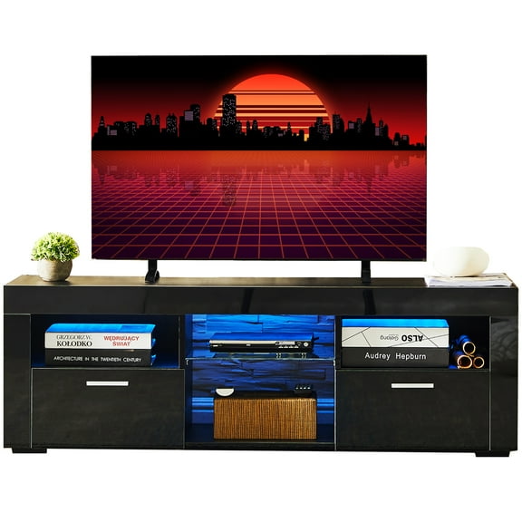 Modern TV Stand, Media Console Table for 55’’ TV, Wooden Entertainment Center with 16 Color LED Lights for Gaming Room Living Room