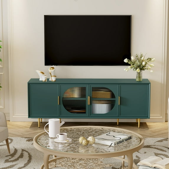 Modern TV Stand Media Console with Glass Doors for Living Room, Bedroom, Green