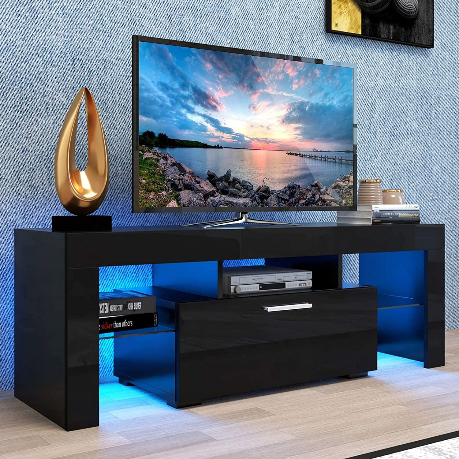 Modern TV Stand, New Upgraded Black Television Stand with LED Lights, Drawer and Shelves, High