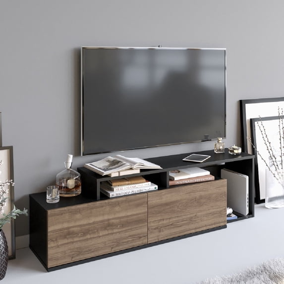 Modern TV Stand with Numerous Shelves, Black & Walnut Finish, 59.0 x 16.9 x 14.0 inches | 100% Melamine Coated Particle Board, Thickness: 0.7 inches | Wall-Mountable Design