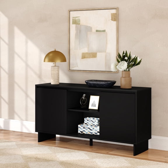 Modern TV Stand/Sideboard, 2 Door w/ Middle Shelf (1499 x 406 x 762mm / 59 x 16 x 30in), Black