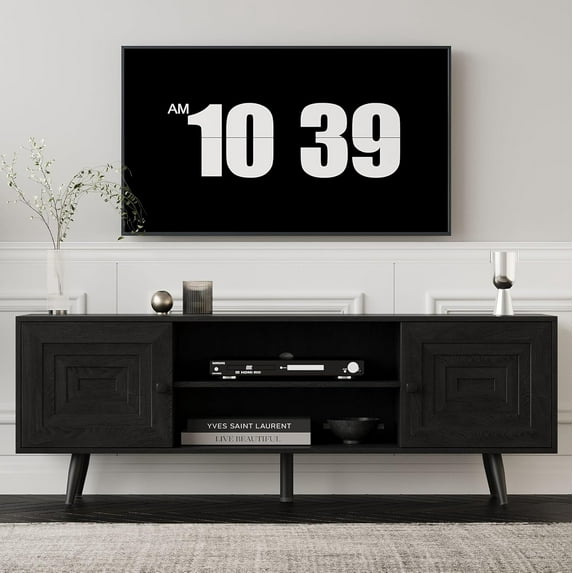 Modern TV Stand with Storage Cabinet, Wood Fashionable TV Cabinet with Waveform Panel and Adjustable Shelf, Entertainment Center TV Stand for TV, Living Room (Advanced Black