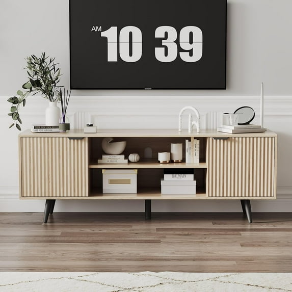 Modern TV Stand with Storage Cabinet, Wood Fashionable TV Cabinet with Waveform Panel and Adjustable Shelf, Entertainment Center TV Stand for TV, Living Room (Cream Yellow Wood Grain)