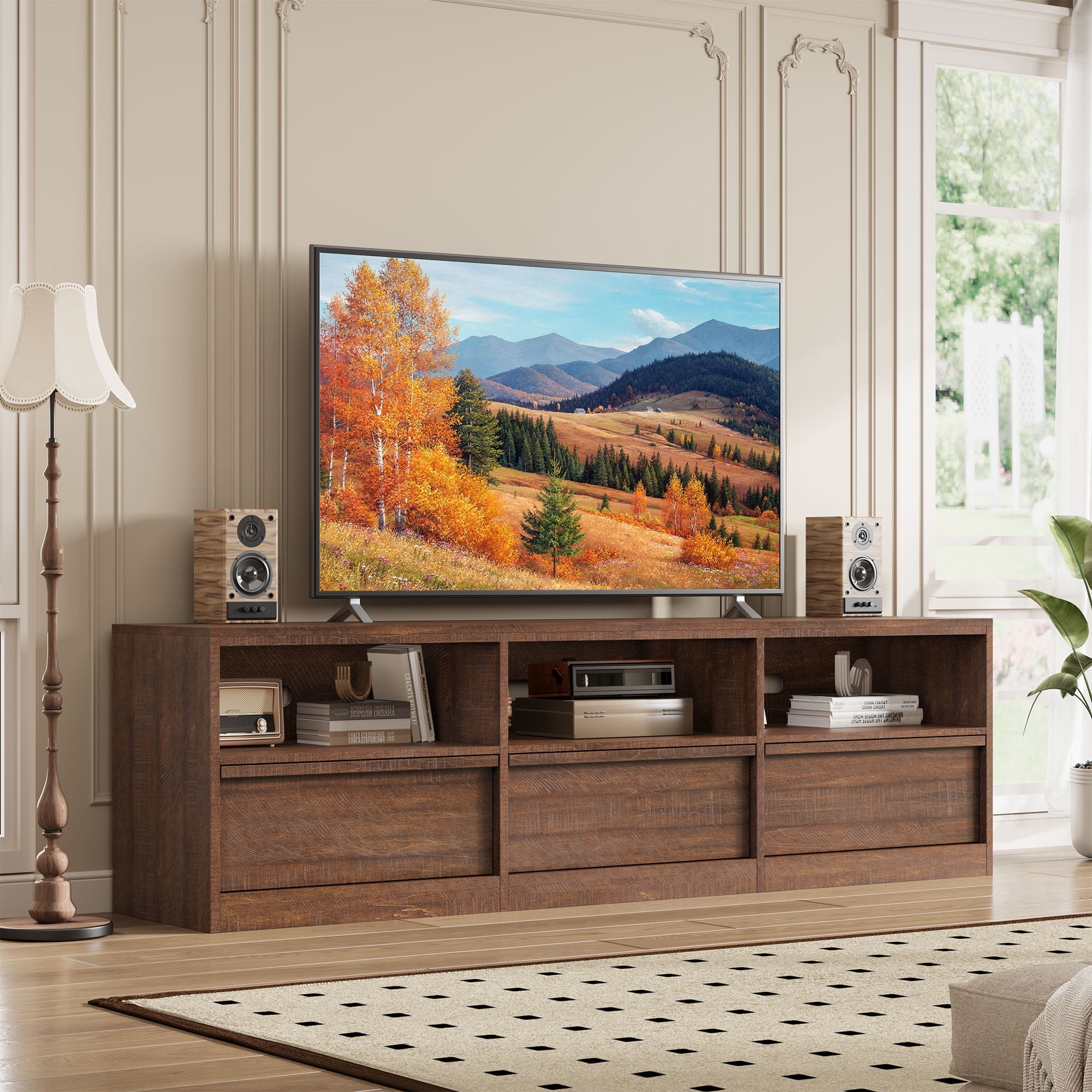 Modern TV Stand with Storage for TVs Up to 85", 70 inch Media Console with Drawer & Open Shelves, Mid Century Entertainment Center for Living Room, Brown