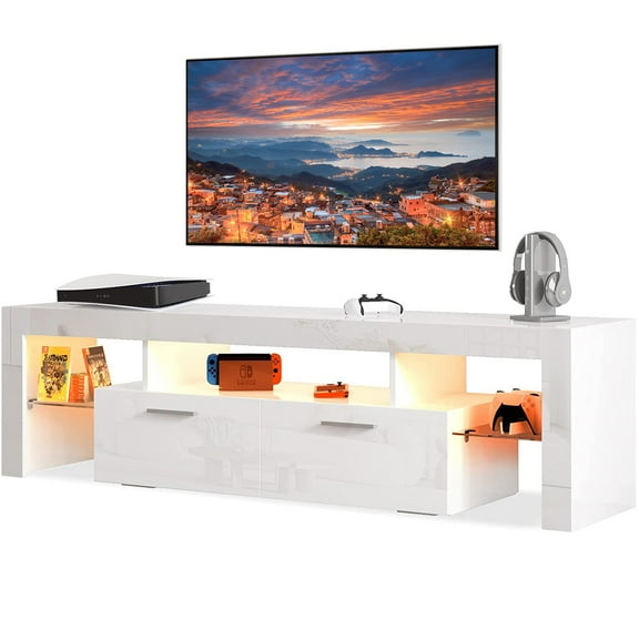 Modern TV Stand for TV up to 65 inches, TV Console Table Stand with 16-Color LED Lights, Home Living Room Entertainment Center, White, 63"L×14" W×18"H