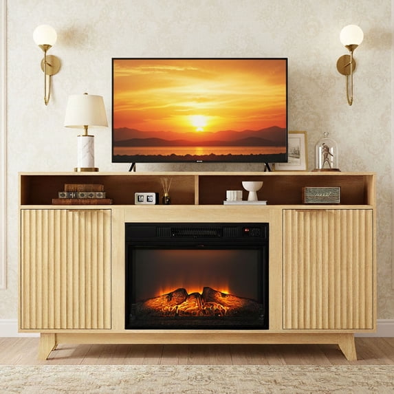 SYNGAR 58" Fireplace TV Stand with 23" Electric Fireplace Insert, Modern Media Console with Open Shelves, Oak Finish, Double Grid Doors & Gold Handles – Storage Entertainment Center for Living Room
