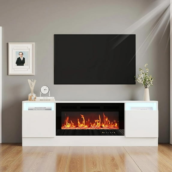 Modern TV Stand for TV up to 75", Black Television Console Table with Storage Cabinet, Black Entertainment Center for Living Room, Fits Into 36'' Electric Fireplace(Not Included Fireplace)