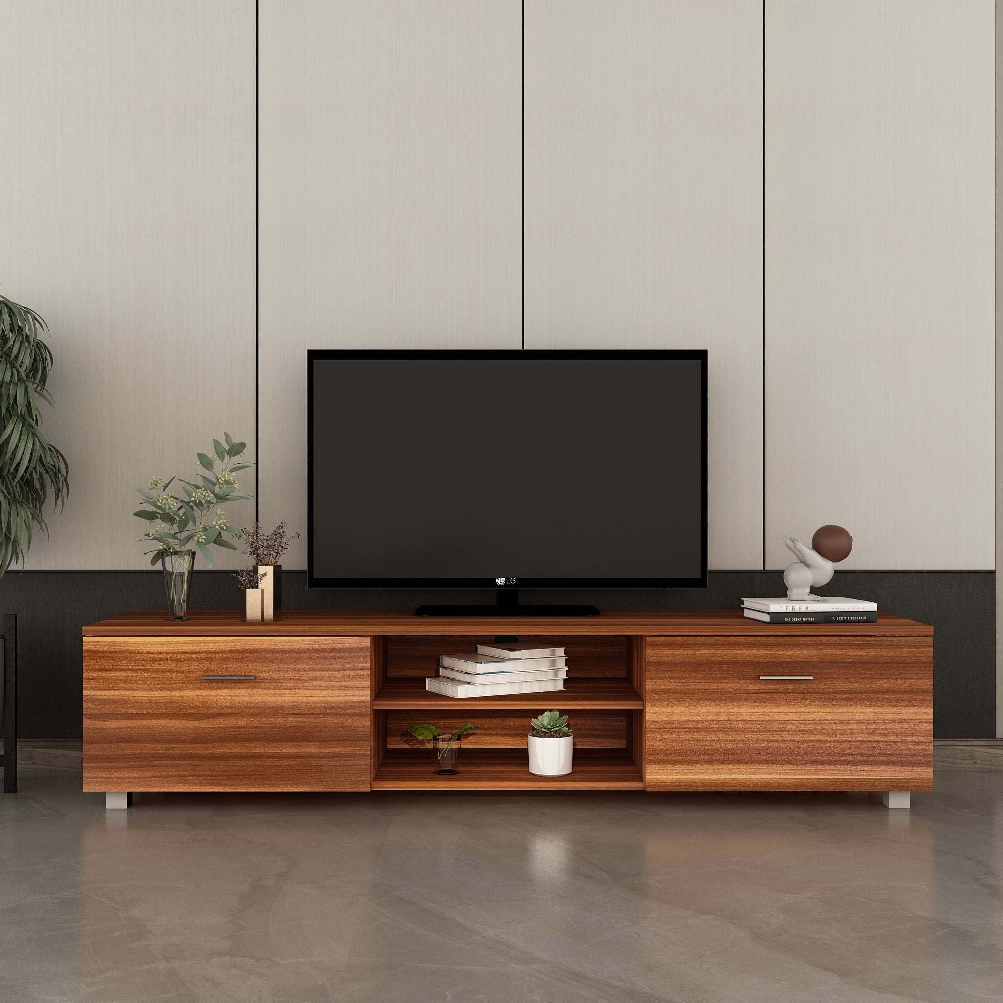 Modern TV Stand, TV Cabinet with 2-Tier Open Shelves and Double