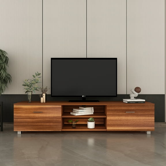 Modern TV Stand, TV Cabinet with 2-Tier Open Shelves and Double Doors with Storage, for TVs up to 70 inch, Wood Media Entertainment Center Console Table for Living Room, Bedroom, Walnut, D4651