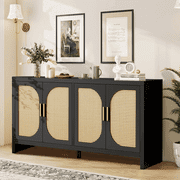 Modern Rattan Sideboard Buffet Cabinet, Kitchen Storage Cabinet, Living Room TV Stand for TVs up to 65", Entertainment Center with Adjustable Shelf, for Dining Living Room Hallway, Black