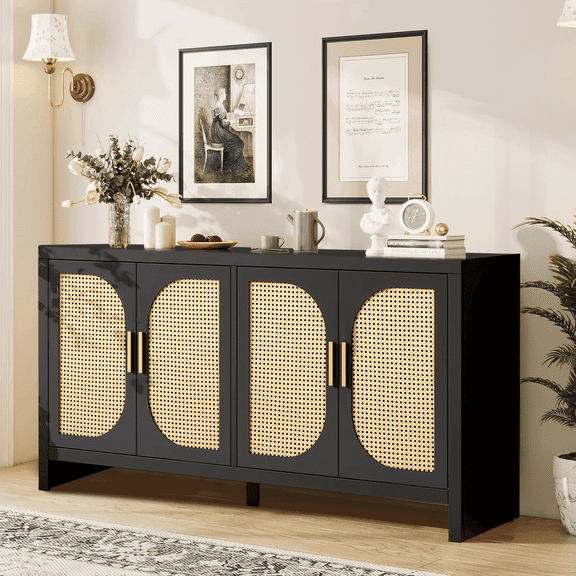 Modern Rattan Sideboard Buffet Cabinet, Kitchen Storage Cabinet, Living Room TV Stand for TVs up to 65", Entertainment Center with Adjustable Shelf, for Dining Living Room Hallway, Black