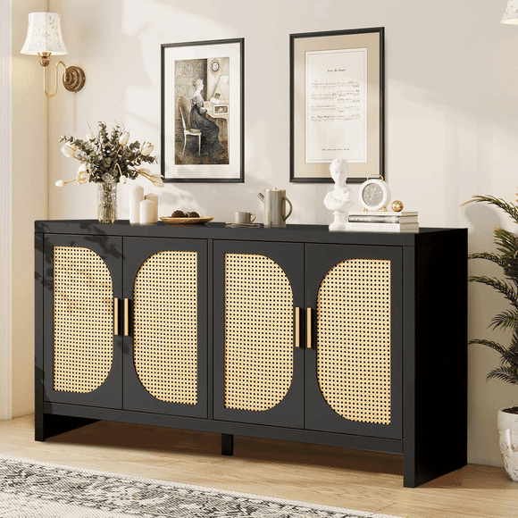 Modern Rattan Sideboard Buffet Cabinet, Kitchen Storage Cabinet, Living Room TV Stand for TVs up to 65", Entertainment Center with Adjustable Shelf, for Dining Living Room Hallway, Black