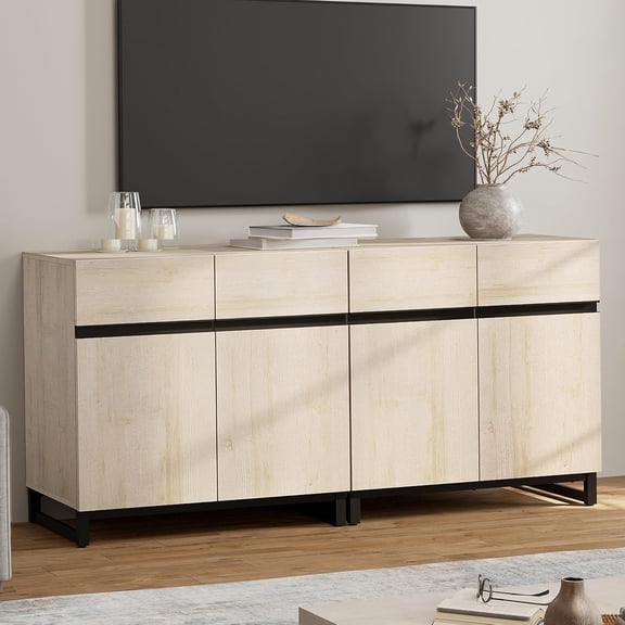 Modern TV Stand for TVs Up to 70 Inch, 2-in-1 Entertainment Center with Adjustable Shelves & Metal Base, Media Console for Living Room or Bedroom, Light Oak