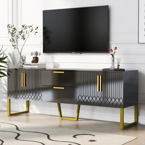 Modern TV Stand for TVs up to 75 Inches, Storage Cabinet with Drawers and Cabinets, Wood TV Console Table with Metal Legs and Handles for Living room, Black