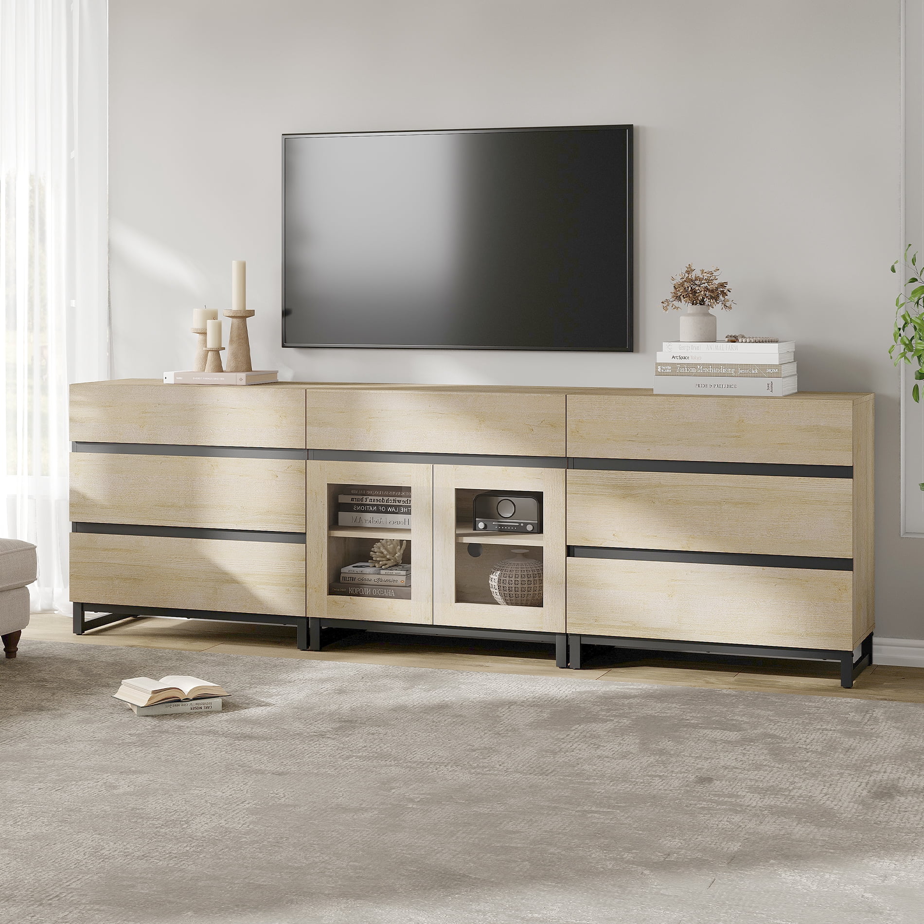 Modern TV Stand For Tvs Up To 100 Inch, 3 In 1 TV Console With Glass Doors And 7 Drawers, Media Console With Adjustable Shelf For Living Room, Bedroom,Beige