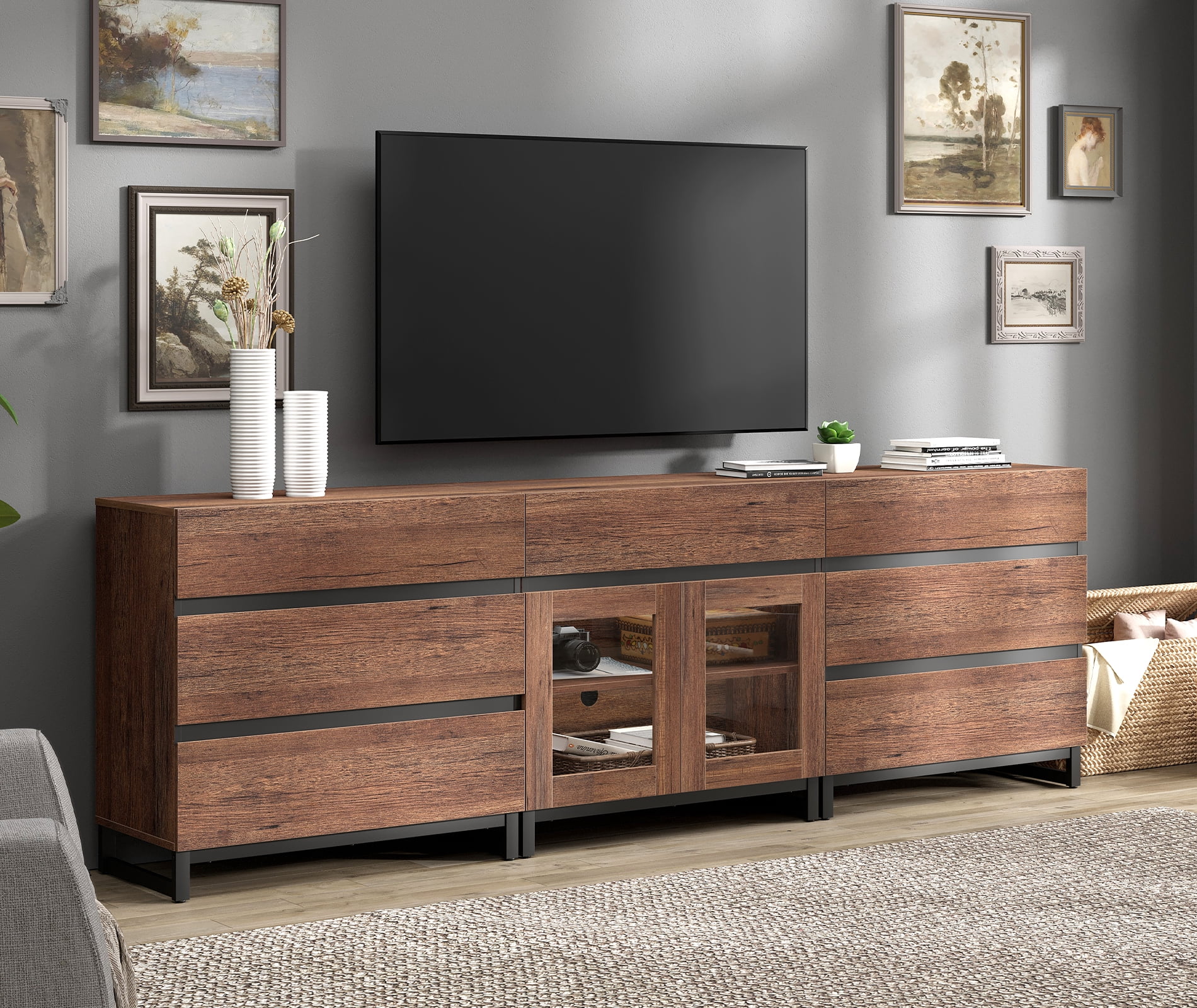 Modern TV Stand For Tvs Up To 100 Inch, 3 In 1 TV Console With Glass Doors And 7 Drawers, Media Console With Adjustable Shelf For Living Room, Bedroom,Brown