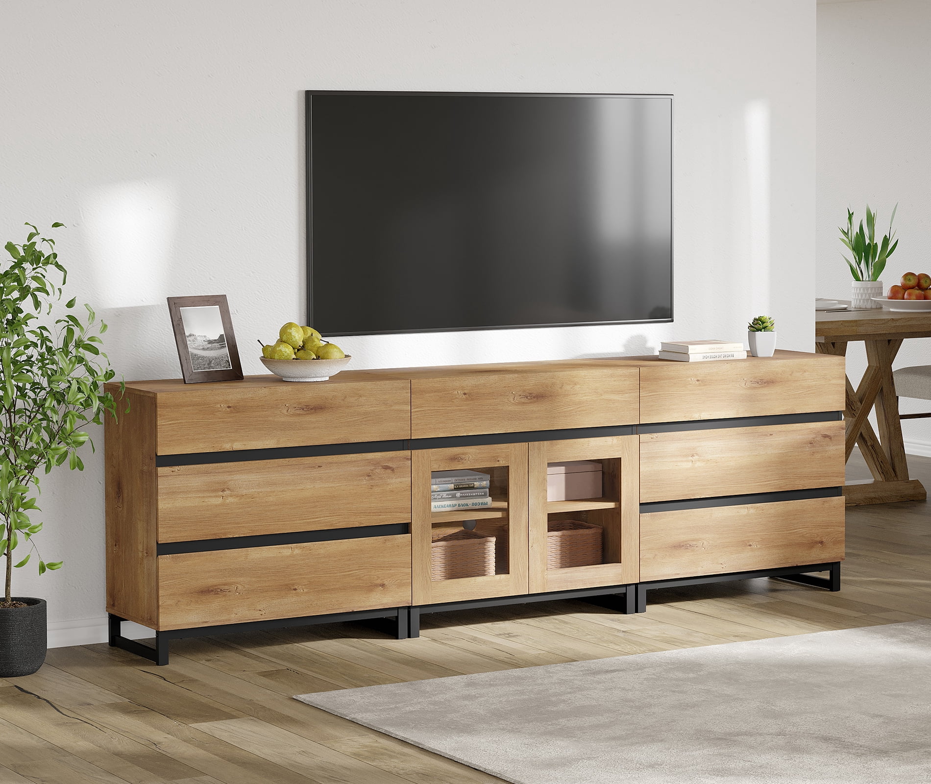 Modern TV Stand For Tvs Up To 100 Inch, 3 In 1 TV Console With Glass Doors And 7 Drawers, Media Console With Adjustable Shelf For Living Room, Bedroom,Oak