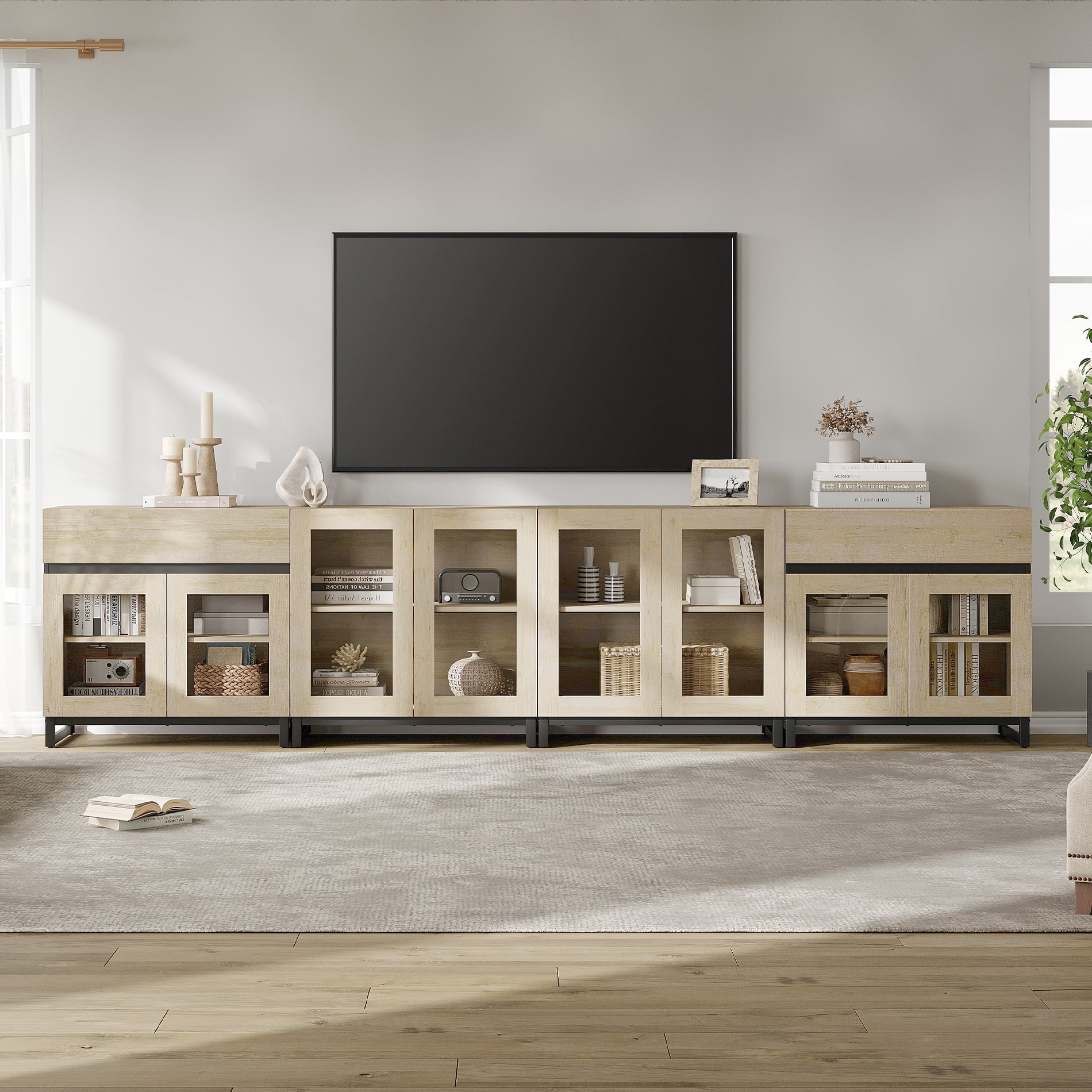 Modern TV Stand For Tvs Up To 120 Inches, 4 In 1 TV Console With Glass Doors And 2 Drawers, Entertainment Center With Adjustable Shelf For Living Room, Bedroom,Beige