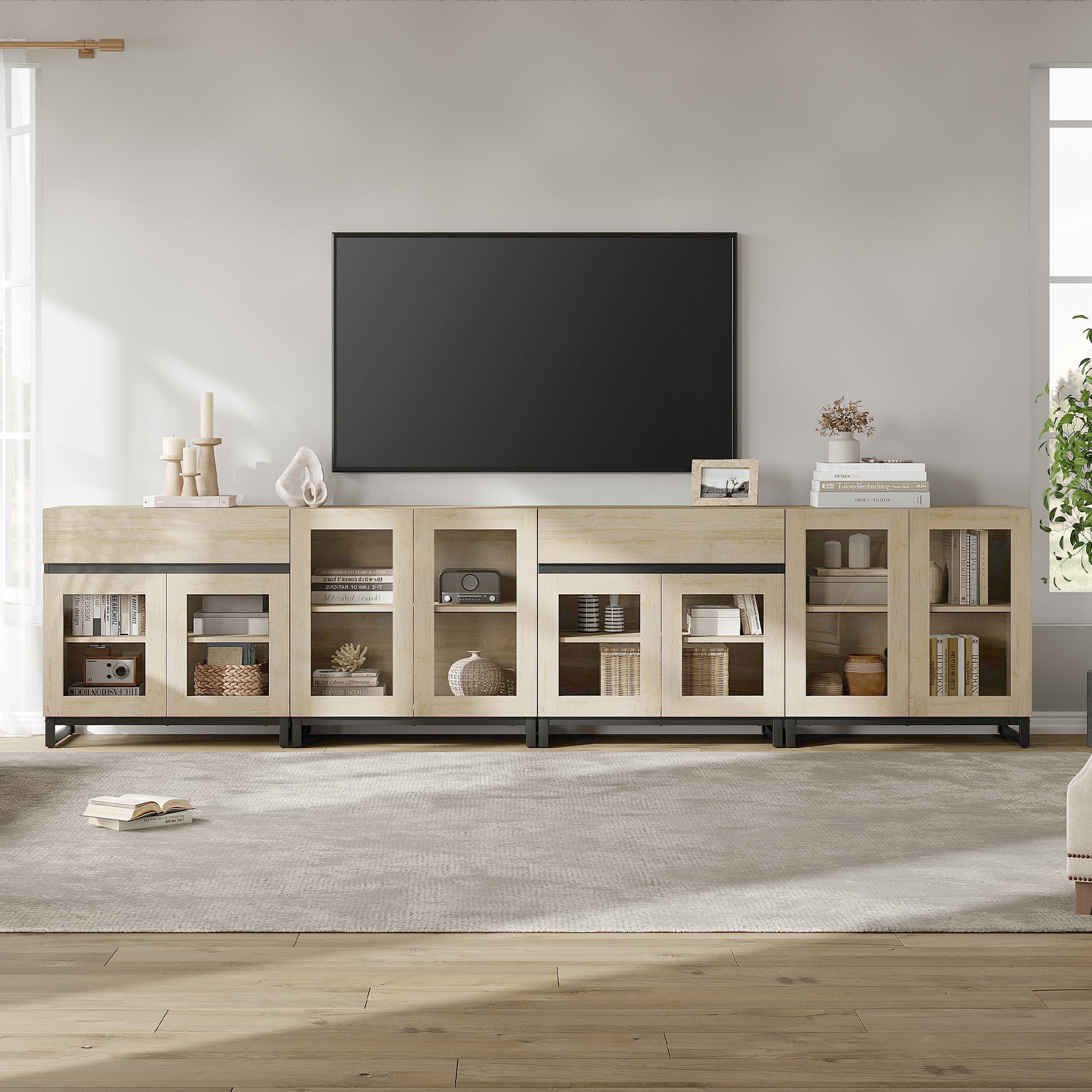 Modern TV Stand For Tvs Up To 120 Inches, 4 In 1 TV Console With Glass Doors And 2 Drawers, Entertainment Center With Adjustable Shelf For Living Room, Bedroom,Beige