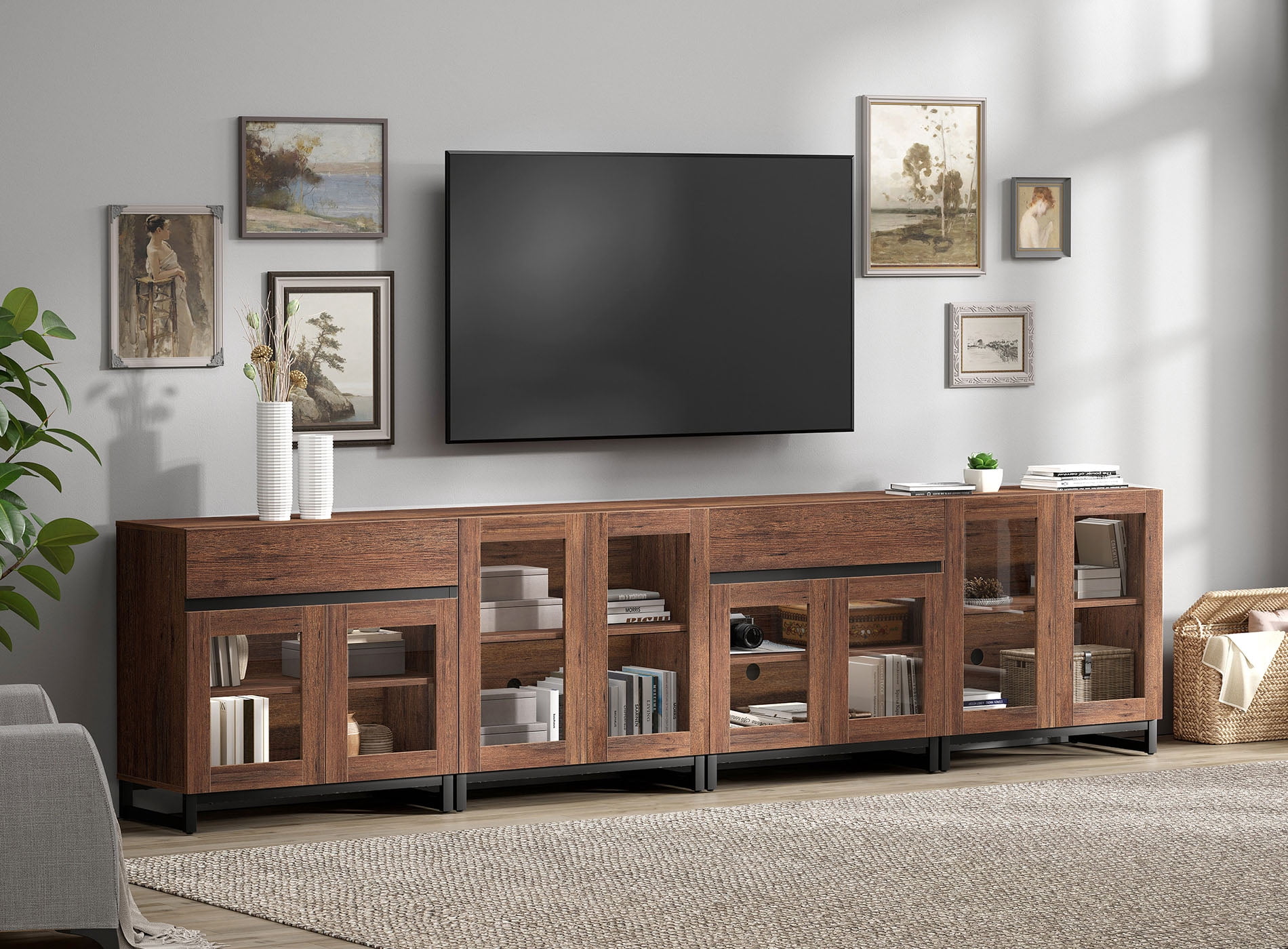 Modern TV Stand For Tvs Up To 120 Inches, 4 In 1 TV Console With Glass Doors And 2 Drawers, Entertainment Center With Adjustable Shelf For Living Room, Bedroom,Brown