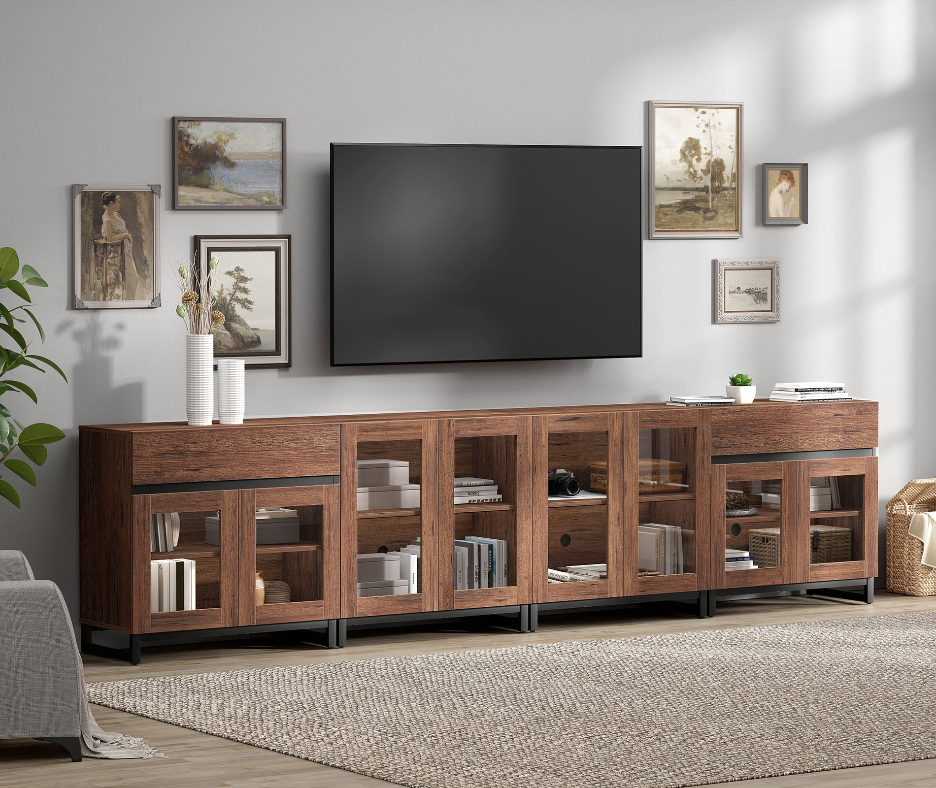 Modern TV Stand For Tvs Up To 120 Inches, 4 In 1 TV Console With Glass Doors And 2 Drawers, Entertainment Center With Adjustable Shelf For Living Room, Bedroom,Brown