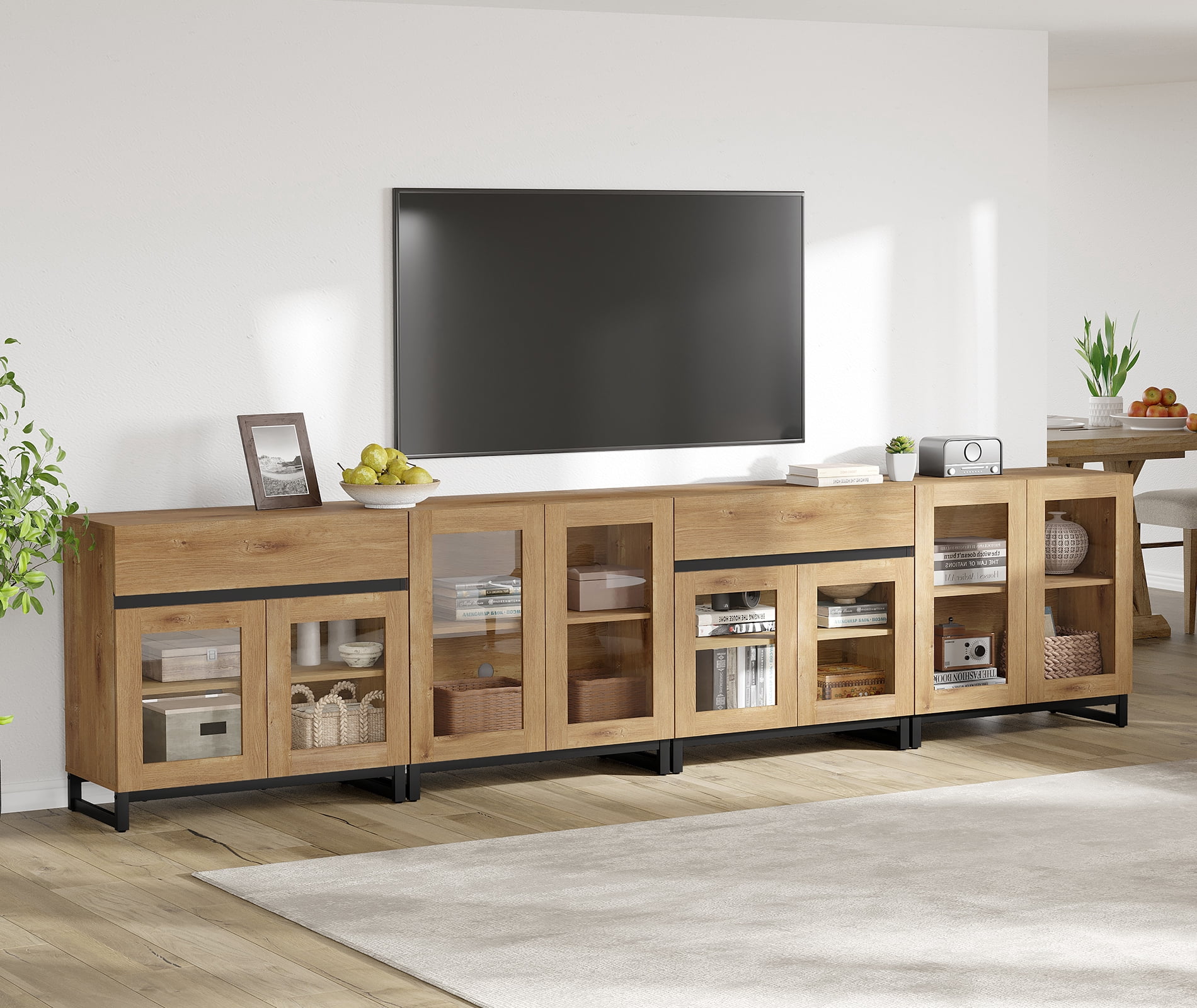Modern TV Stand For Tvs Up To 120 Inches, 4 In 1 TV Console With Glass Doors And 2 Drawers, Entertainment Center With Adjustable Shelf For Living Room, Bedroom,Oak