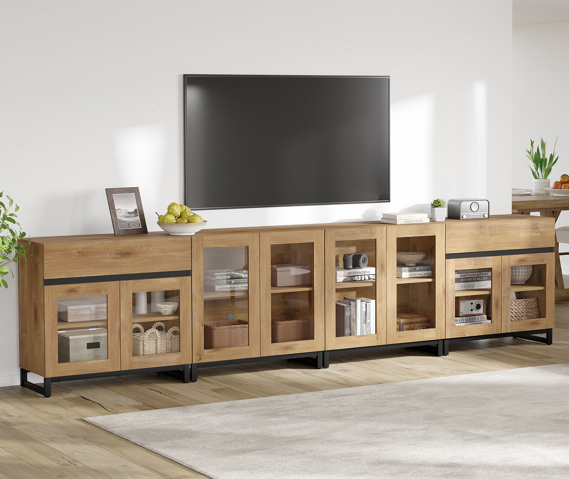 Modern TV Stand For Tvs Up To 120 Inches, 4 In 1 TV Console With Glass Doors And 2 Drawers, Entertainment Center With Adjustable Shelf For Living Room, Bedroom,Oak