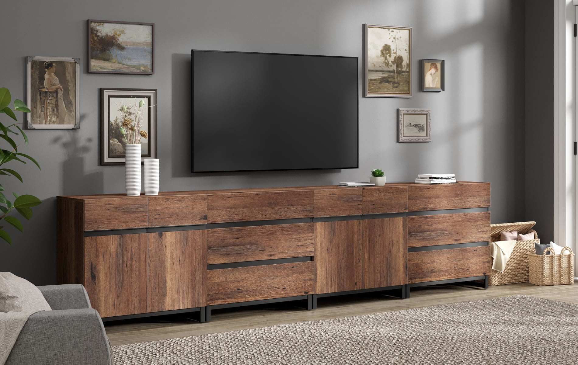 Modern TV Stand For Tvs Up To 120 Inches, 4-In-1 Entertainment Console With 6 Drawers And Adjustable Shelves, Media Cabinet For Living Room Or Bedroom,Brown