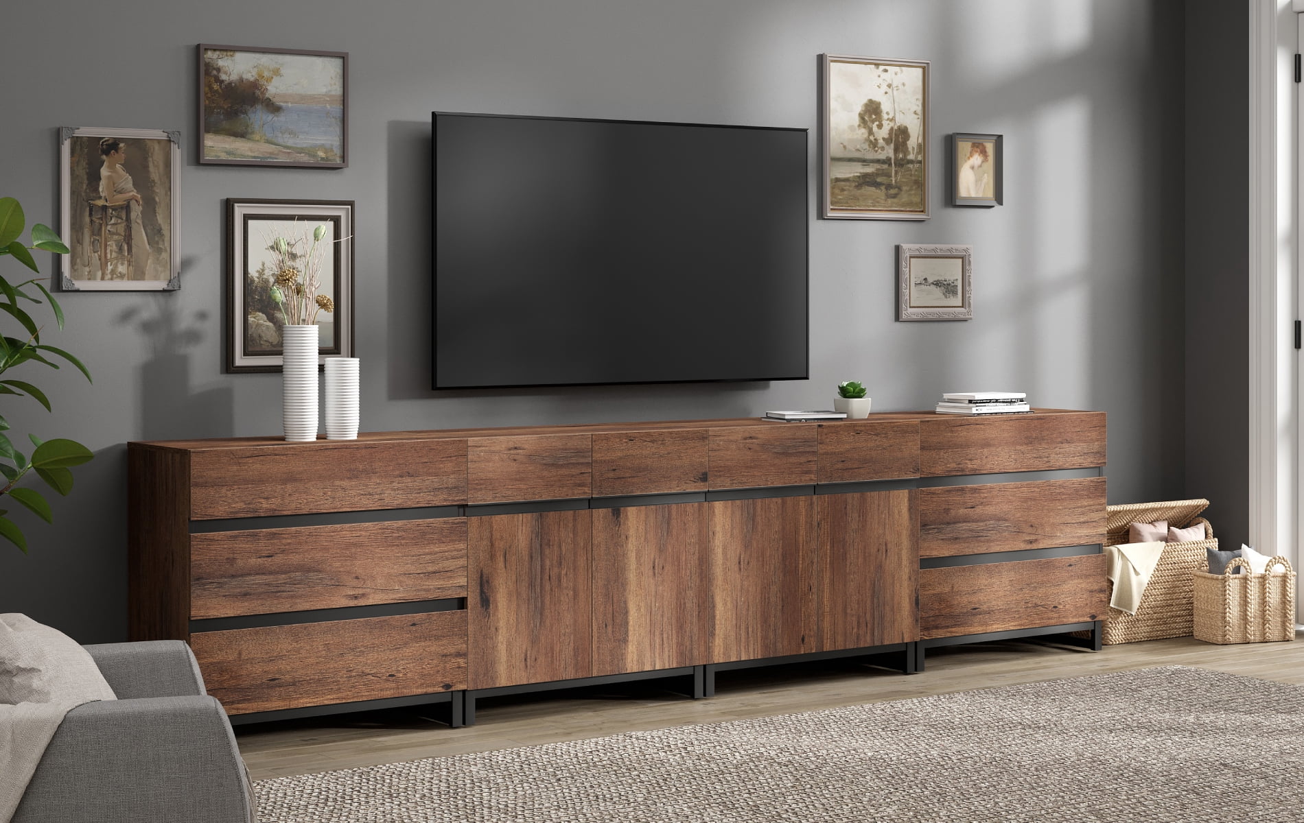 Modern TV Stand For Tvs Up To 120 Inches, 4-In-1 Entertainment Console With 6 Drawers And Adjustable Shelves, Media Cabinet For Living Room Or Bedroom,Brown