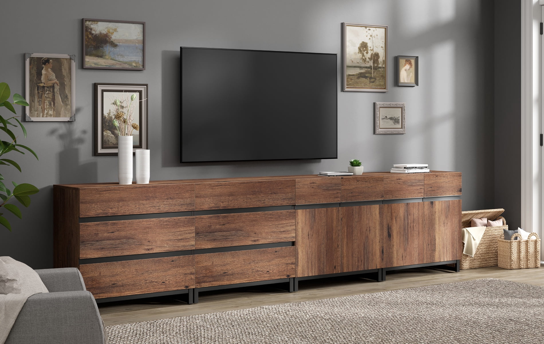 Modern TV Stand For Tvs Up To 120 Inches, 4-In-1 Entertainment Console With 6 Drawers And Adjustable Shelves, Media Cabinet For Living Room Or Bedroom,Brown
