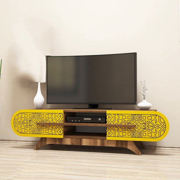 Modern TV Stand, Walnut & Yellow Color, 57.1 x 14.6 x 14.6 inches | 100% Melamine Coated Particle Board, Thickness: 0.7 inches