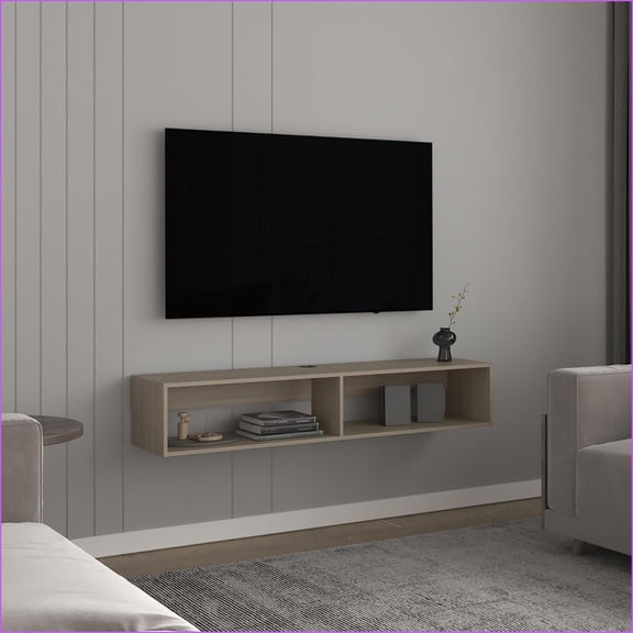 Modern TV Stand, White Oak Finish, 10.4 H with 2 Shelves | Engineered Wood | TV Furniture