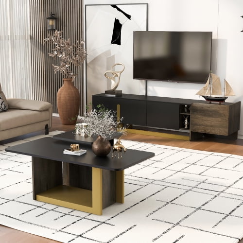TV Stand and Coffee Table Set, Modern Light Luxury Media Console and 2-Piece Coffee Table Set, Black with Wood Grain and Gold Accents for Living Room