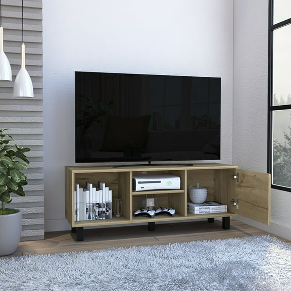 Modern TV Stand for 43" TVs with 3 Open Shelves, 1 Cabinet & Space-Saving Design Light Oak, Beige Finish for Living Room & Home Office