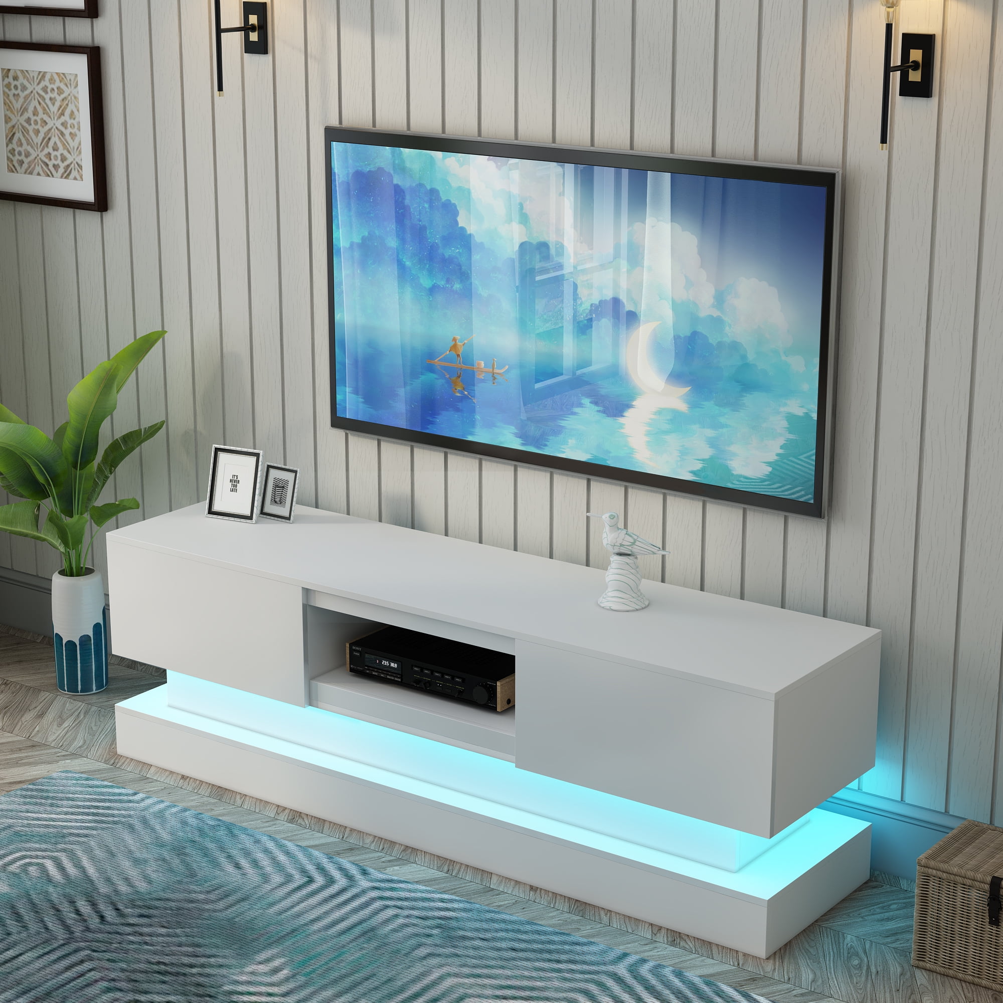 Modern TV Stand for 50 55 inch TV with 16 Color LED Lights White