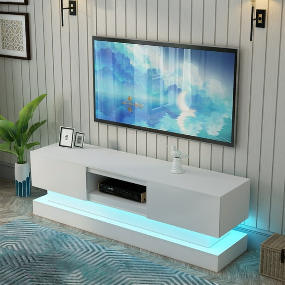 Modern TV Stand for 50 55 inch TV with 16 Color LED Lights, White