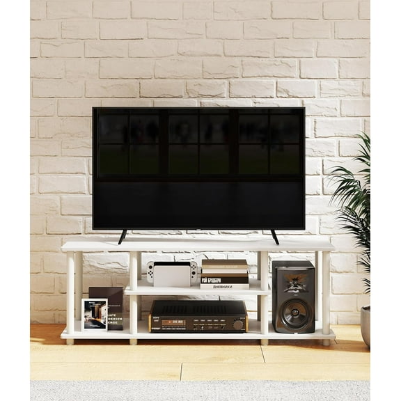 Modern TV Stand for 50" Television, Entertainment Center with Open Storage Shelves for Living Room, White