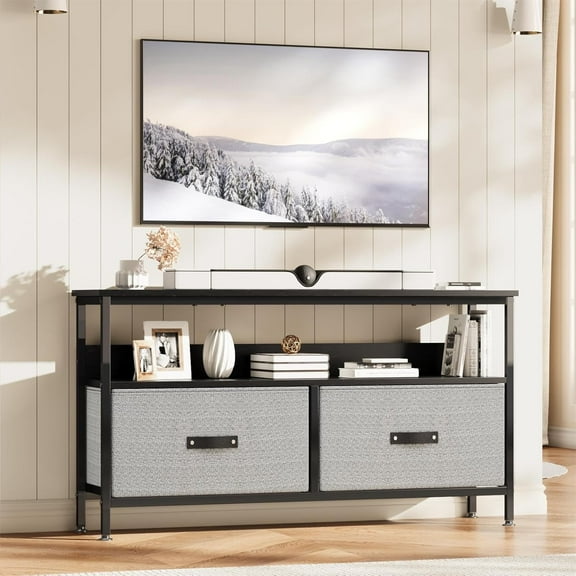 Modern TV Stand for 55-Inch TV with 2 Fabric Drawers, Open Shelves & Cable Management, Black Metal Frame Entertainment Center, Grey