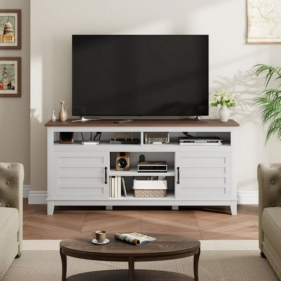 Modern TV Stand for 65 Inch TV, Entertainment Center with Storage Cabinet & Adjustable Shelves for Living Room, Bedroom, White