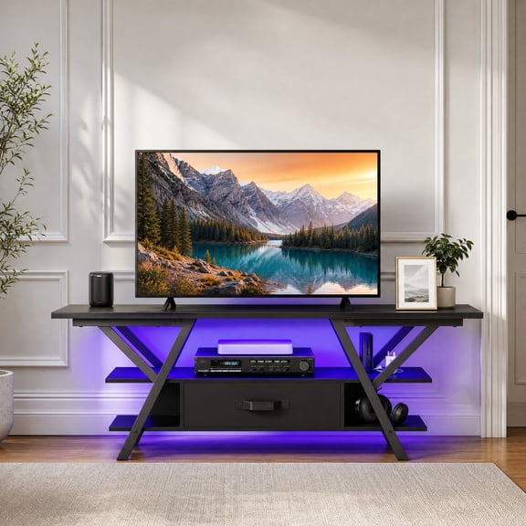 Modern TV Stand for 65 Inch TVs with Power Outlets, LED Entertainment Center Media Console for Living Room, Bedroom,Rustic Brown
