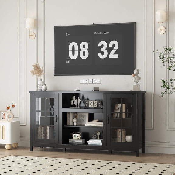 Modern TV Stand for 65 Inch TVs with Storage Cabinets, Media Console Table for Living Room and Office, 59 x 13.8 x 31.6 Inch Black