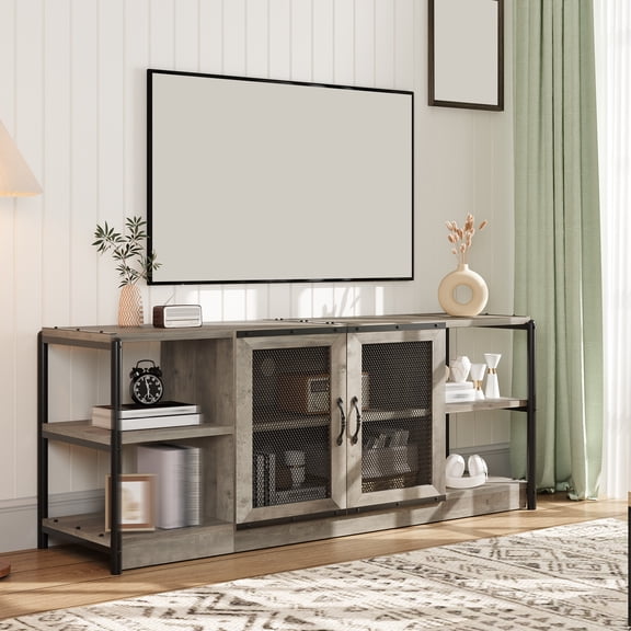Modern TV Stand for TVs Up to 75", Entertainment Center with Mesh Doors & 4 Open Shelves, Wooden Media TV Console Table